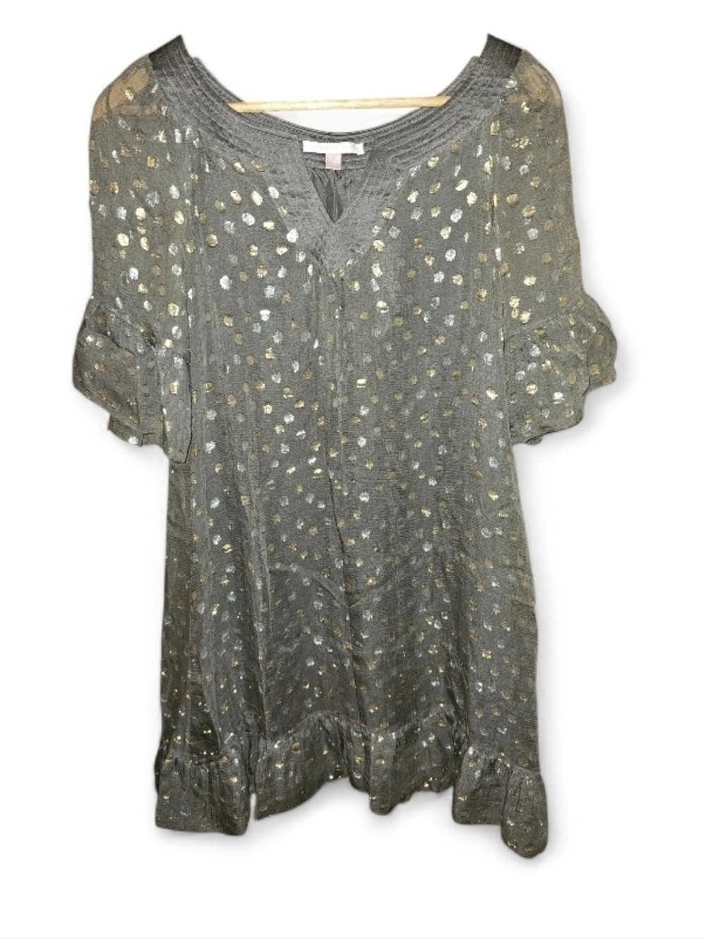 REBECCA TAYLOR Split Neck 100% Silk Metallic Polka Dot Sheath Dress - Size 8